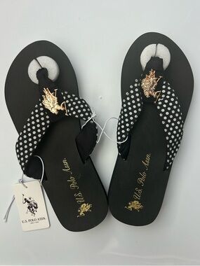 NWT U.S. Polo Assn. Black Polka Dot Thong Sandals with Gold Logo